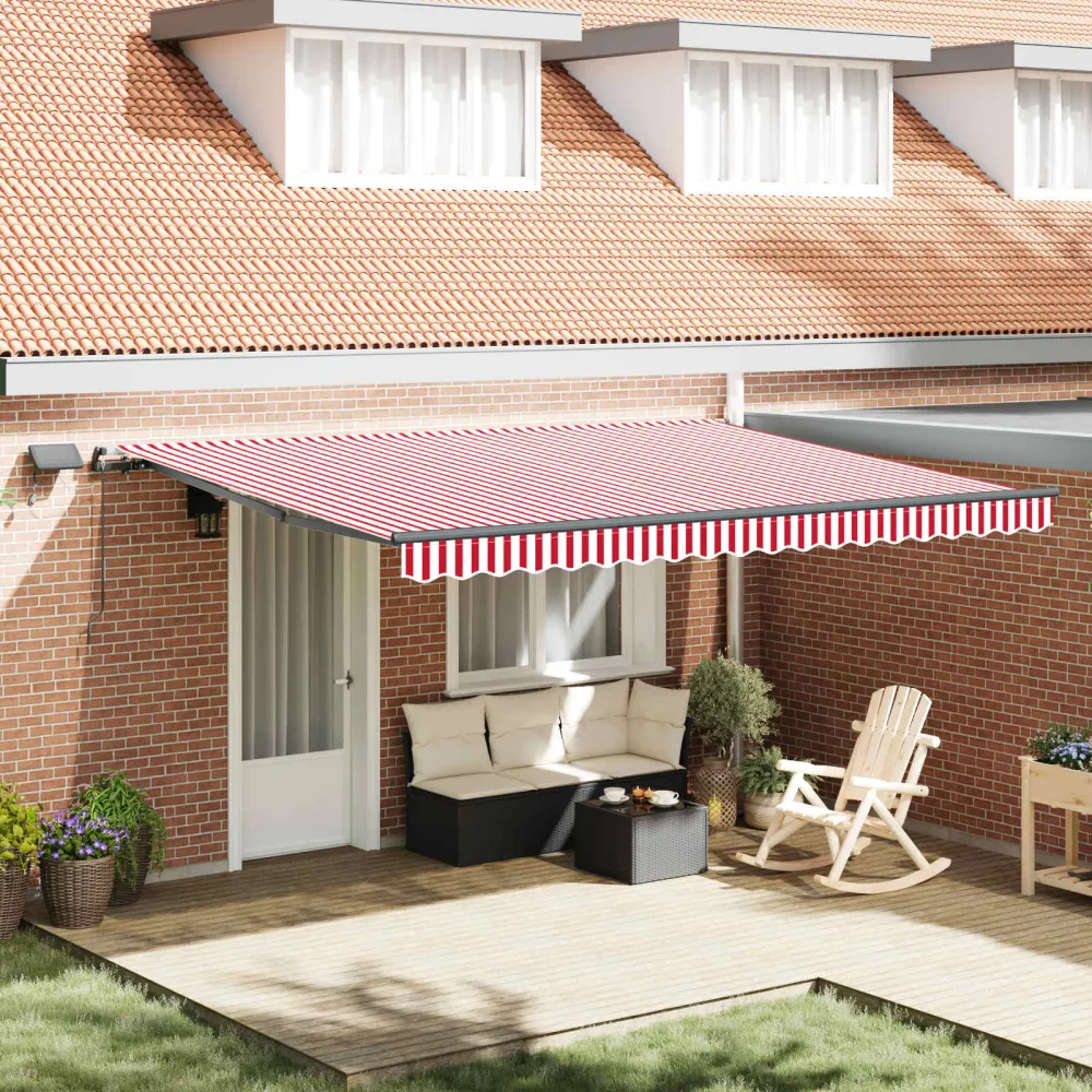 vidaXL Behúzható napellenző Piros és fehér 450 ×300 cm szövet