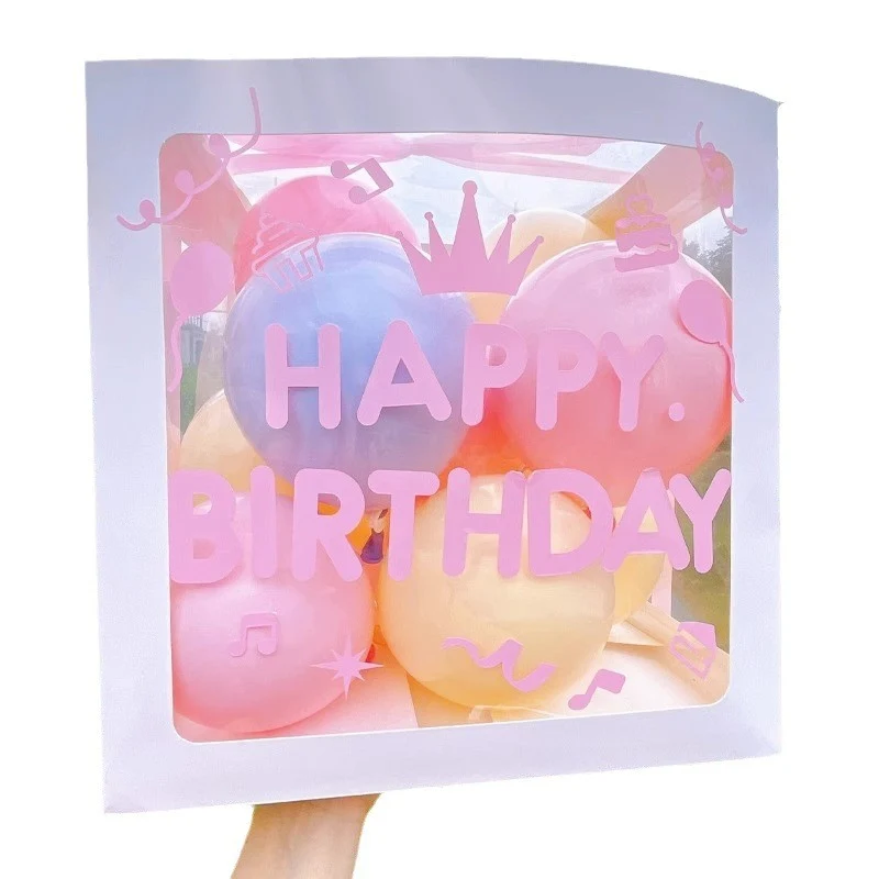 Lufi doboz, Vivimall, Születésnapi téma, Happy Birthday felirat, Kék, Rózsaszín, Sárga Léggömbök és Szalag mellékelve, Feh...