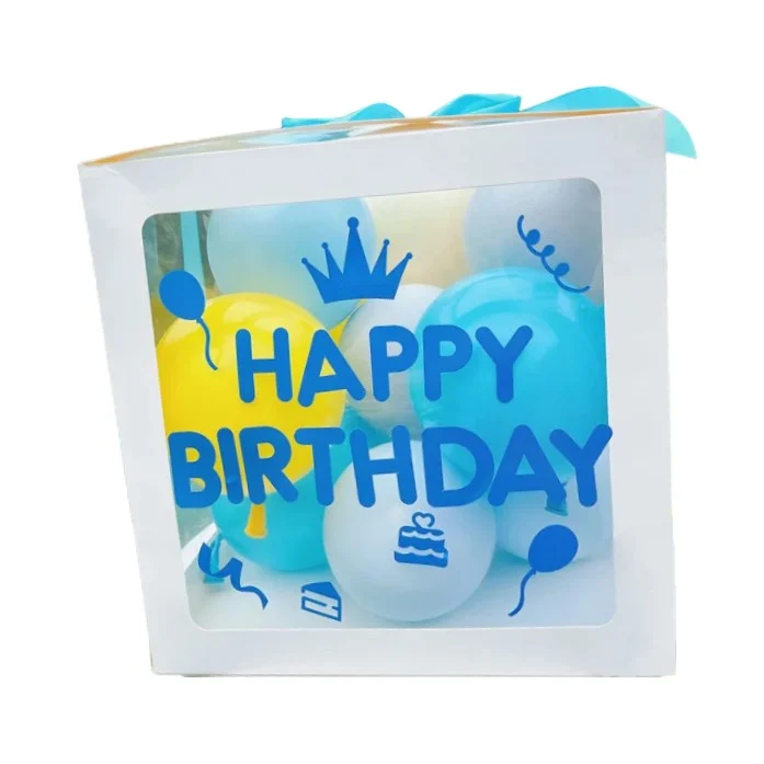Lufidoboz, Vivimall, Születésnapi téma, Happy Birthday felirat, Kék, fehér, sárga léggömbök és szalag mellékelve, Fehér kö...