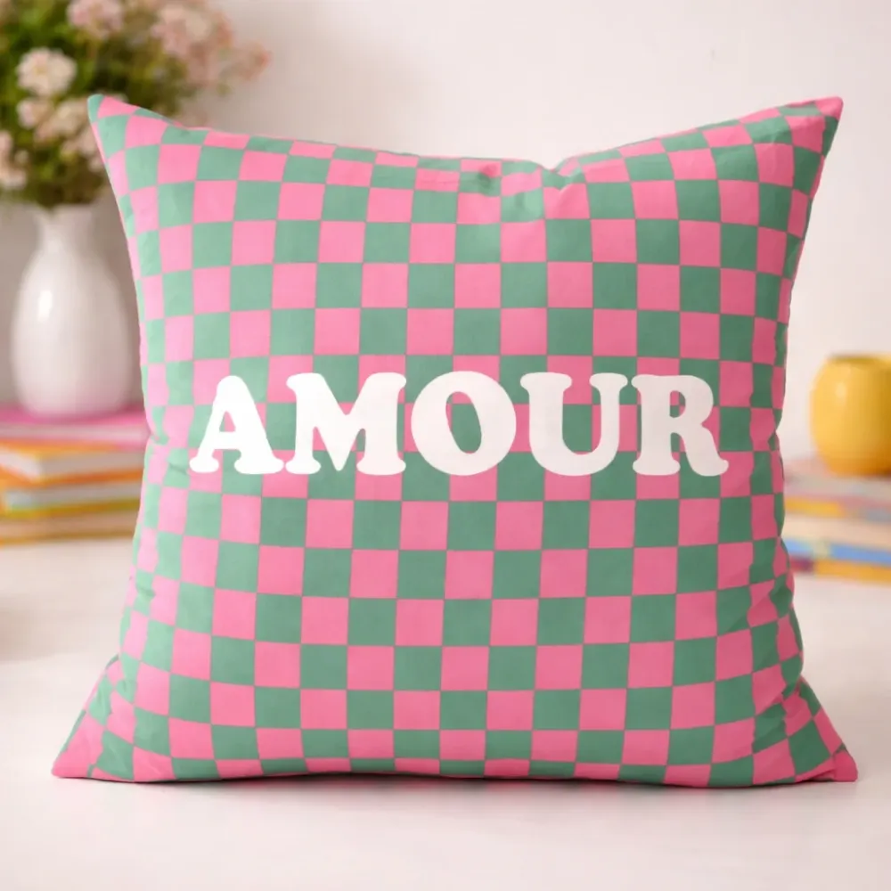 Kissenhülle Amour pink/grün Schachbrettmuster40x40 cm