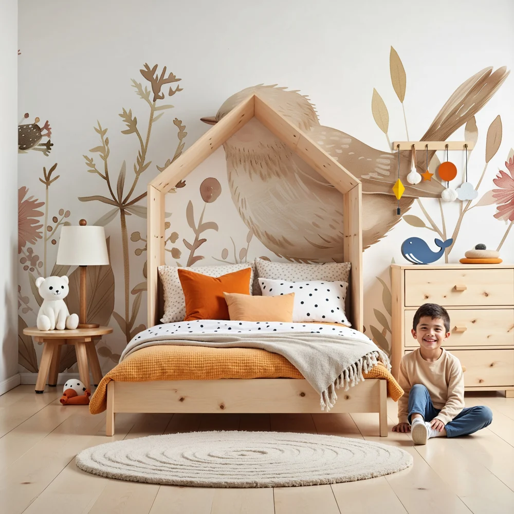 Nursery room wallpaper | Delicate bird and pastel watercolor flowers