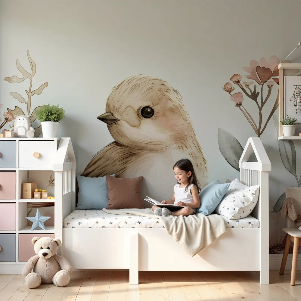 Nursery room wallpaper | Kis madár és pasztell virágok akvarellben