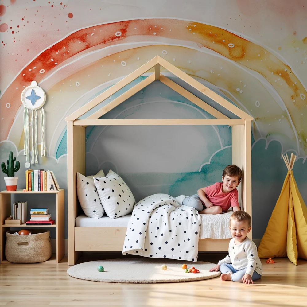 Nursery room wallpaper | Ragyogó akvarell szivárvány puha felhőkkel