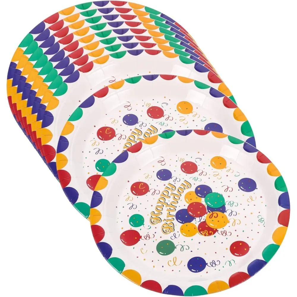 10 darab eldobható tányér szett, Vivimall, kartonból, 23 cm, Boldog születésnapot modell, többszínű