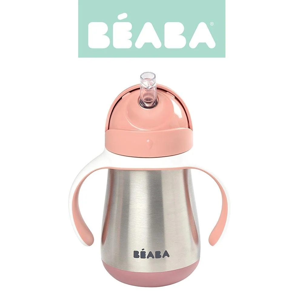 Beaba Steel csepegésmentes ivópalack szívószállal 250 ml szürkés rózsaszínű