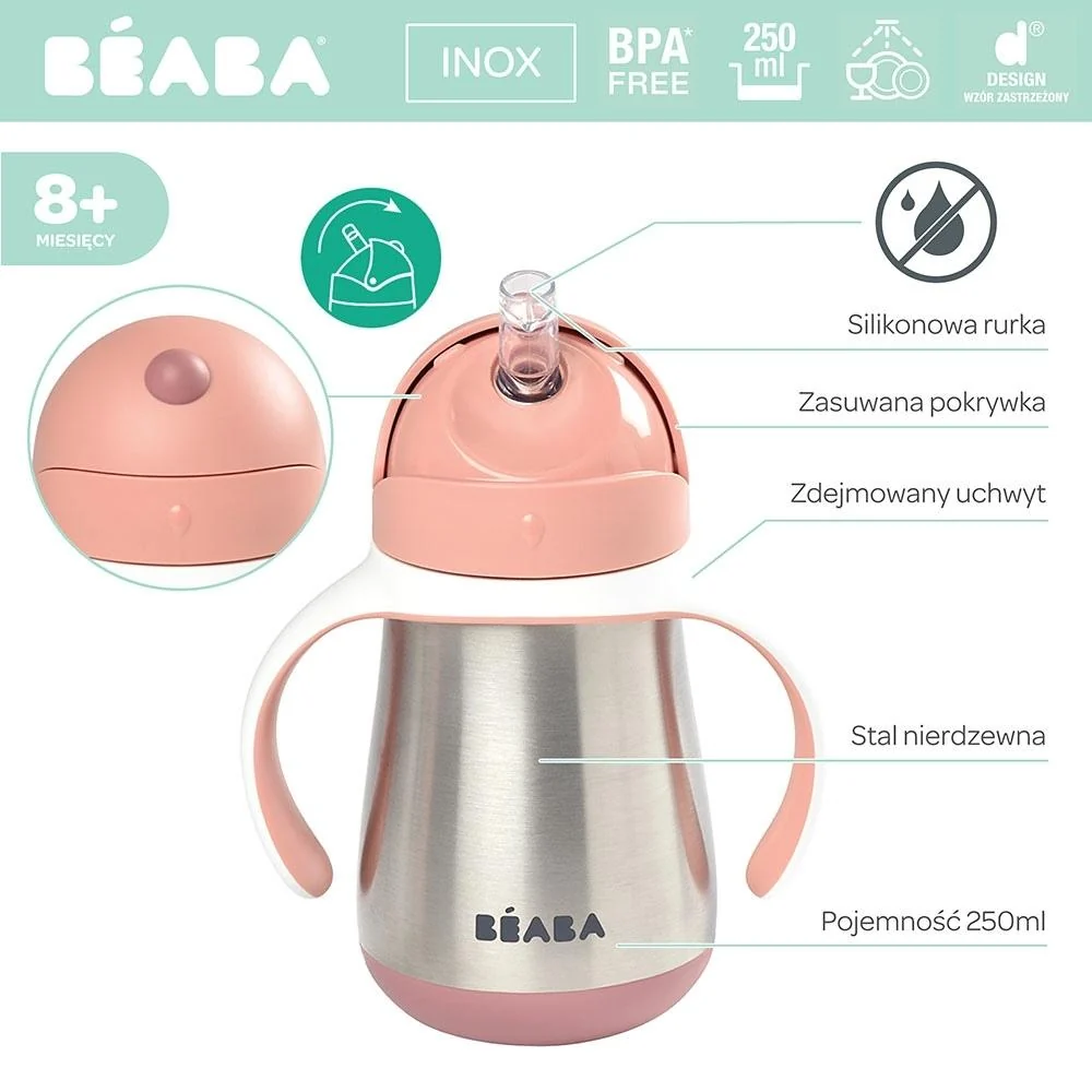 Beaba Steel csepegésmentes ivópalack szívószállal 250 ml szürkés rózsaszínű