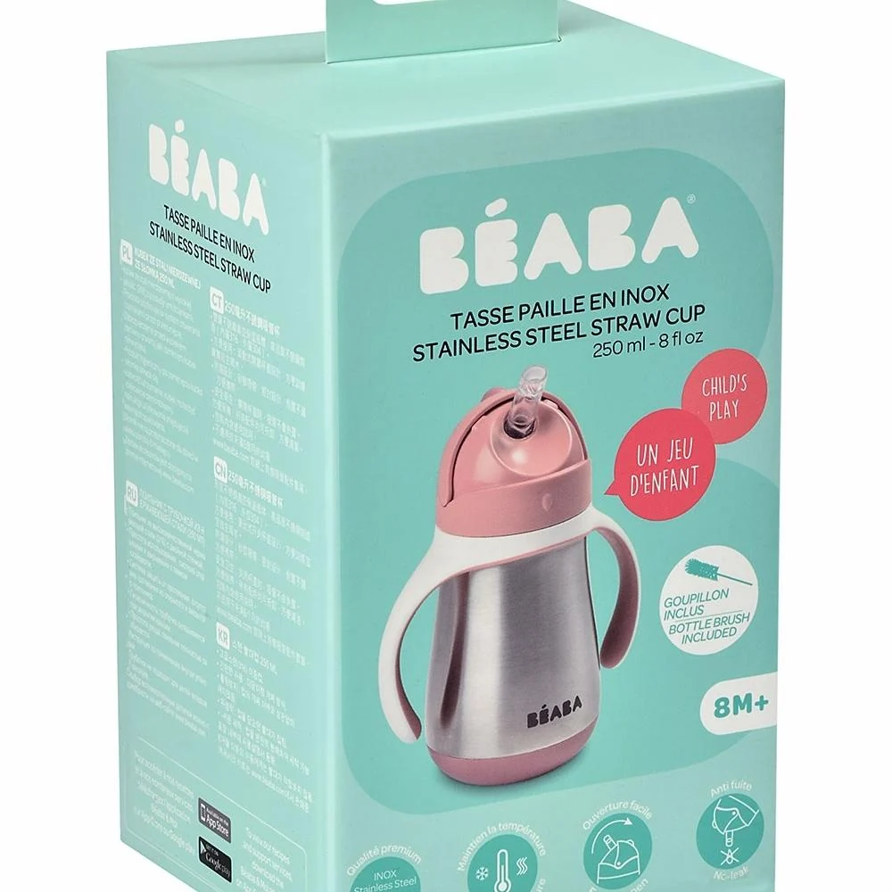 Beaba Steel csepegésmentes ivópalack szívószállal 250 ml szürkés rózsaszínű