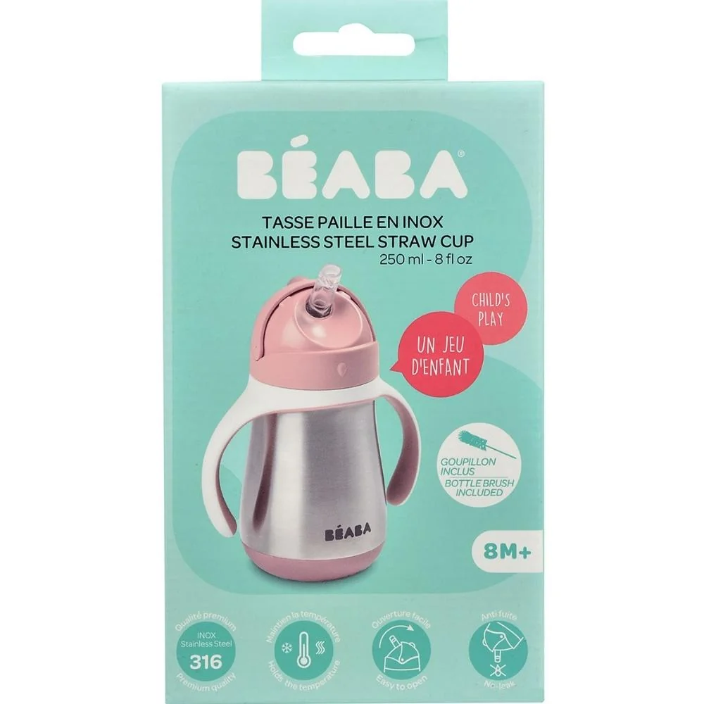 Beaba Steel csepegésmentes ivópalack szívószállal 250 ml szürkés rózsaszínű