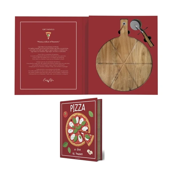 Pizza vágó ajándék készlet akácfa pizzalap pizzaszeletelővel díszdobozban