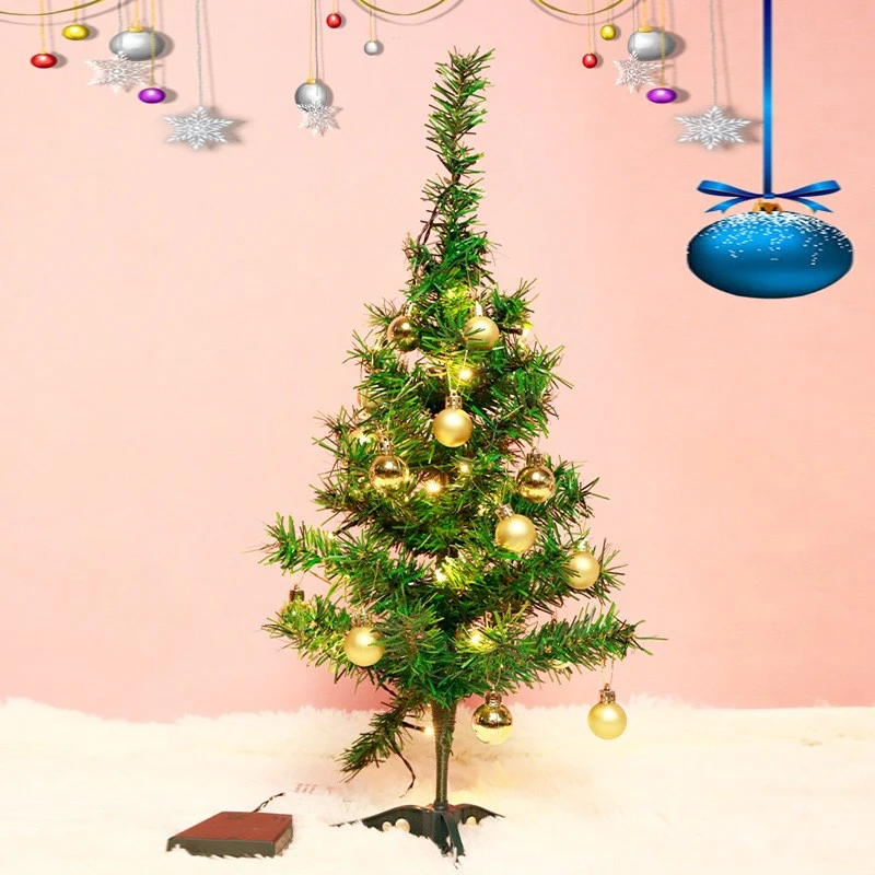 Díszített Műfenyő, 60 Cm, Műanyag Talp, 20 LED Égéssel + 20 Golden Globe-dal