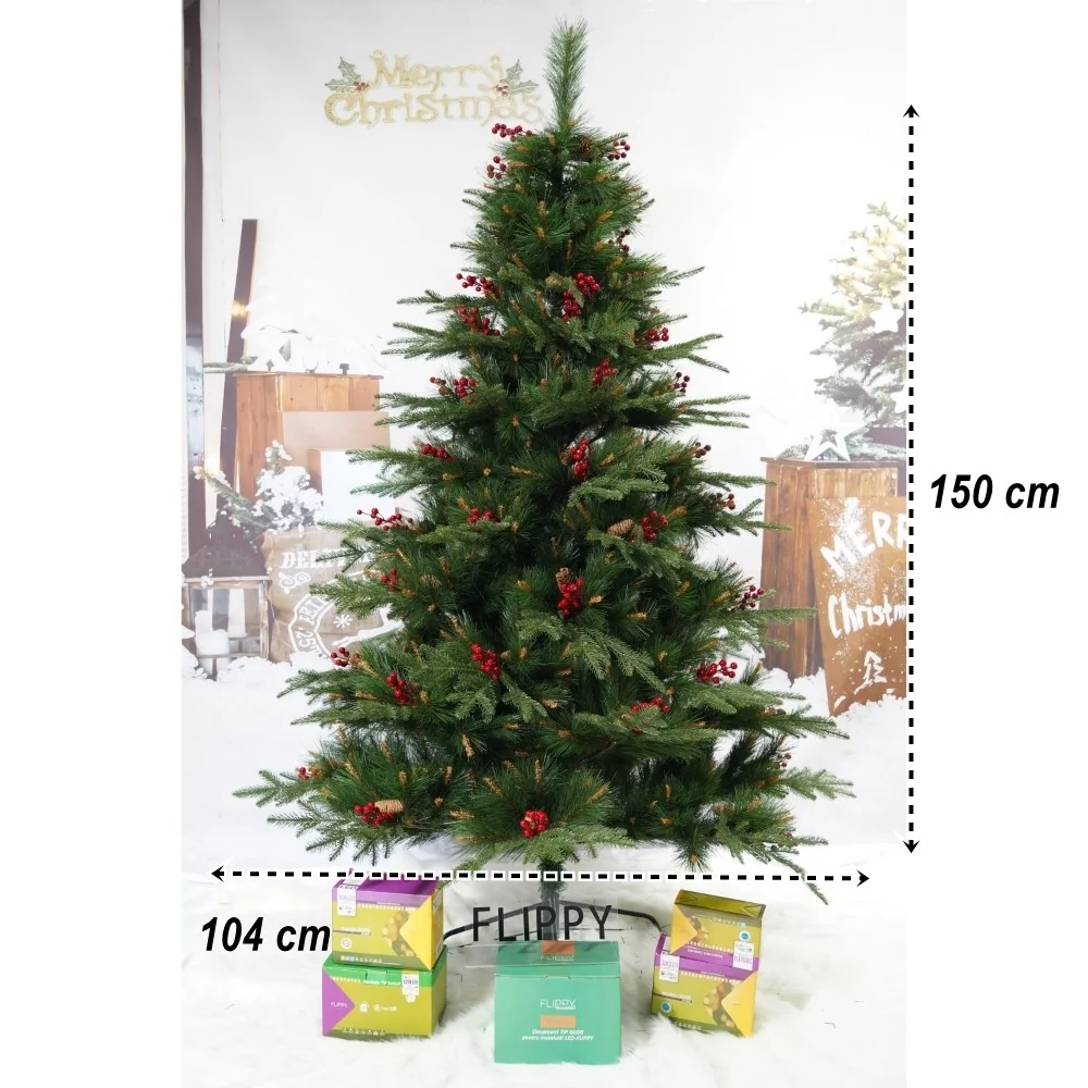 Mesterséges karácsonyfa, piros fenyőtobozokkal díszítve, beltéri/kültéri használatra, 150 cm magasság, 104 cm átmérő, 323...