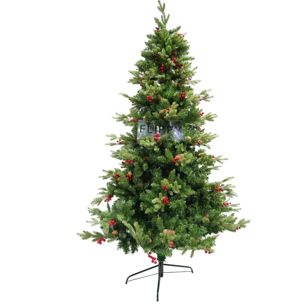 Mesterséges karácsonyfa, piros tobozokkal díszítve, 210 cm magas, 137 cm átmérőjű, 1172 ágú, Vivimall, zöld, fém állvány m...