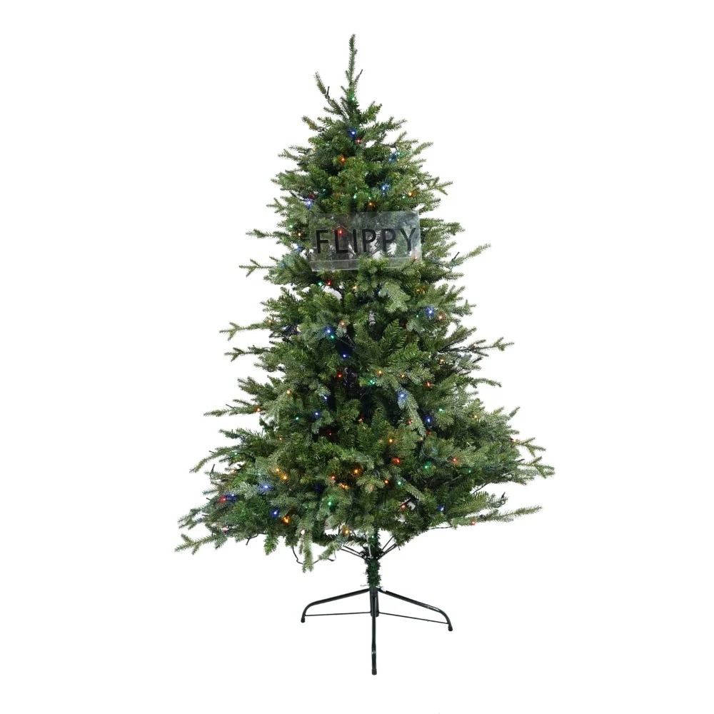 Műfenyő, ágakba épített LED izzókkal, kül- és beltéri, 180 cm magas, 128 cm átmérőjű, 1246 ág, Vivimall, zöld, fém talp me...