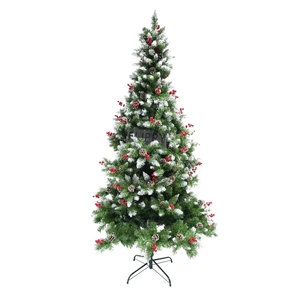 Műfenyő havas, piros fenyőtobozokkal díszítve, 150 cm magas, 83 cm átmérőjű, 319 ágú, Vivimall, zöld, fém állvány mellékelve