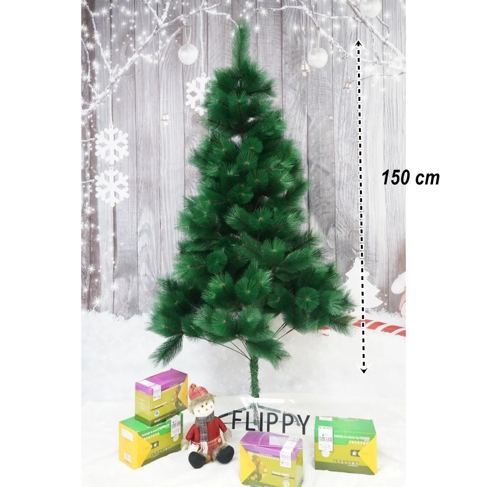 Műfenyő, klasszikus fenyő, kül- és beltérre, 150 cm magas, Vivimall, zöld, fém talppal