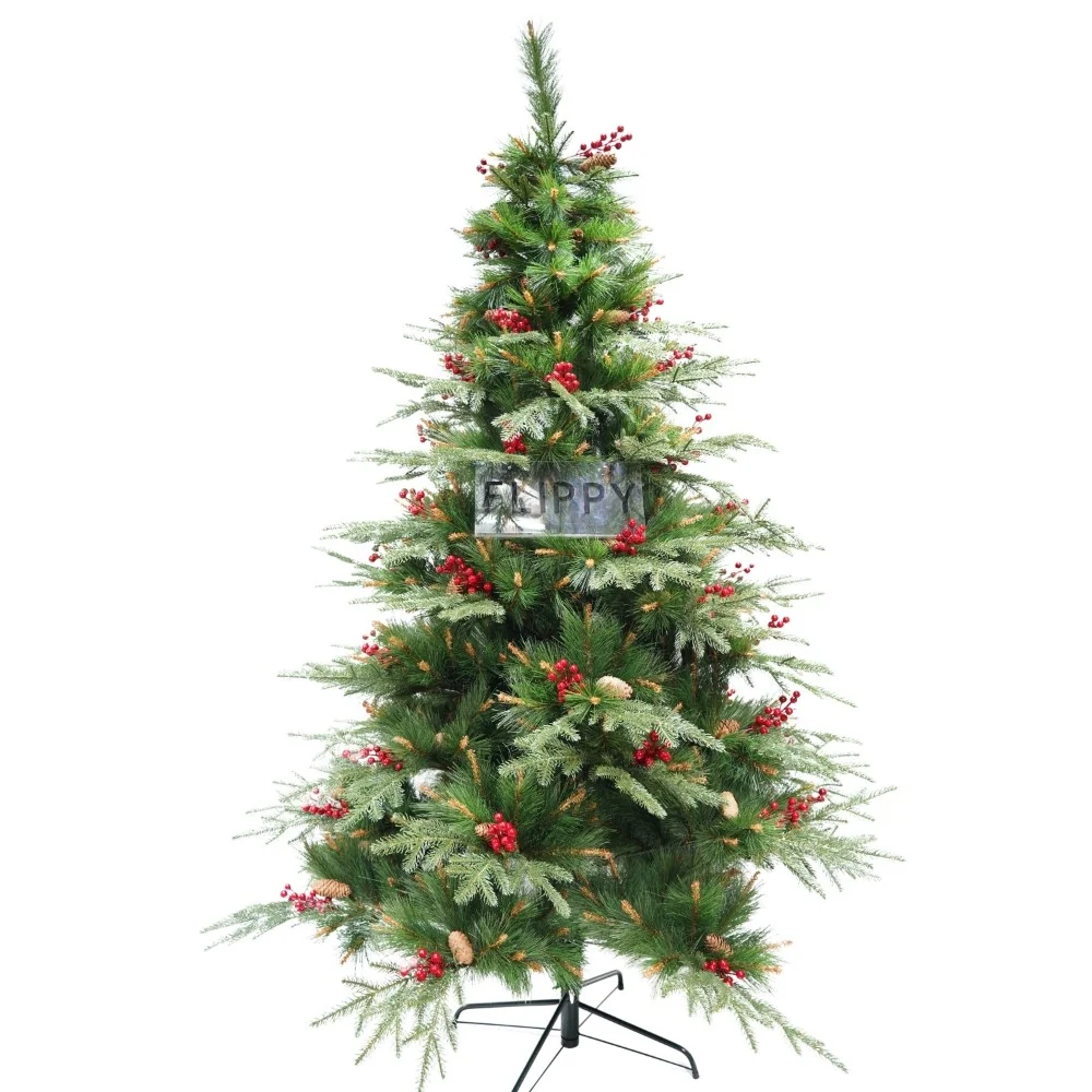 Műfenyő, piros fenyőtobozokkal díszítve, beltéri/kültéri, 210 cm magasság, 142 cm átmérő, 767 ág, Vivimall, zöld, fém állv...