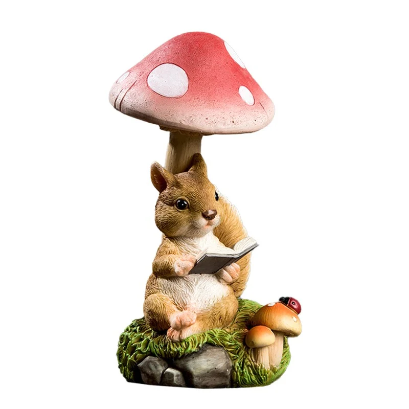 Kerti dekoráció, Vivimall, napelemes LED világítás, 19.5 x 9.5 x 9.5 cm, Olvasó mókus és gomba modell, Barna