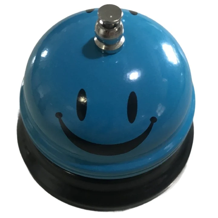 Többfunkciós fém csengő, Vivimall, világoskék smiley arccal, 7,5x7,5x6,5 cm, recepció, étterem