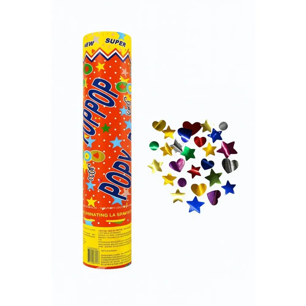 Konfetti ágyú, Vivimall, Party Popper 40 cm, Csillag, Szív, Csillogó flitter mintával, 3 cm átmérő, Többszínű
