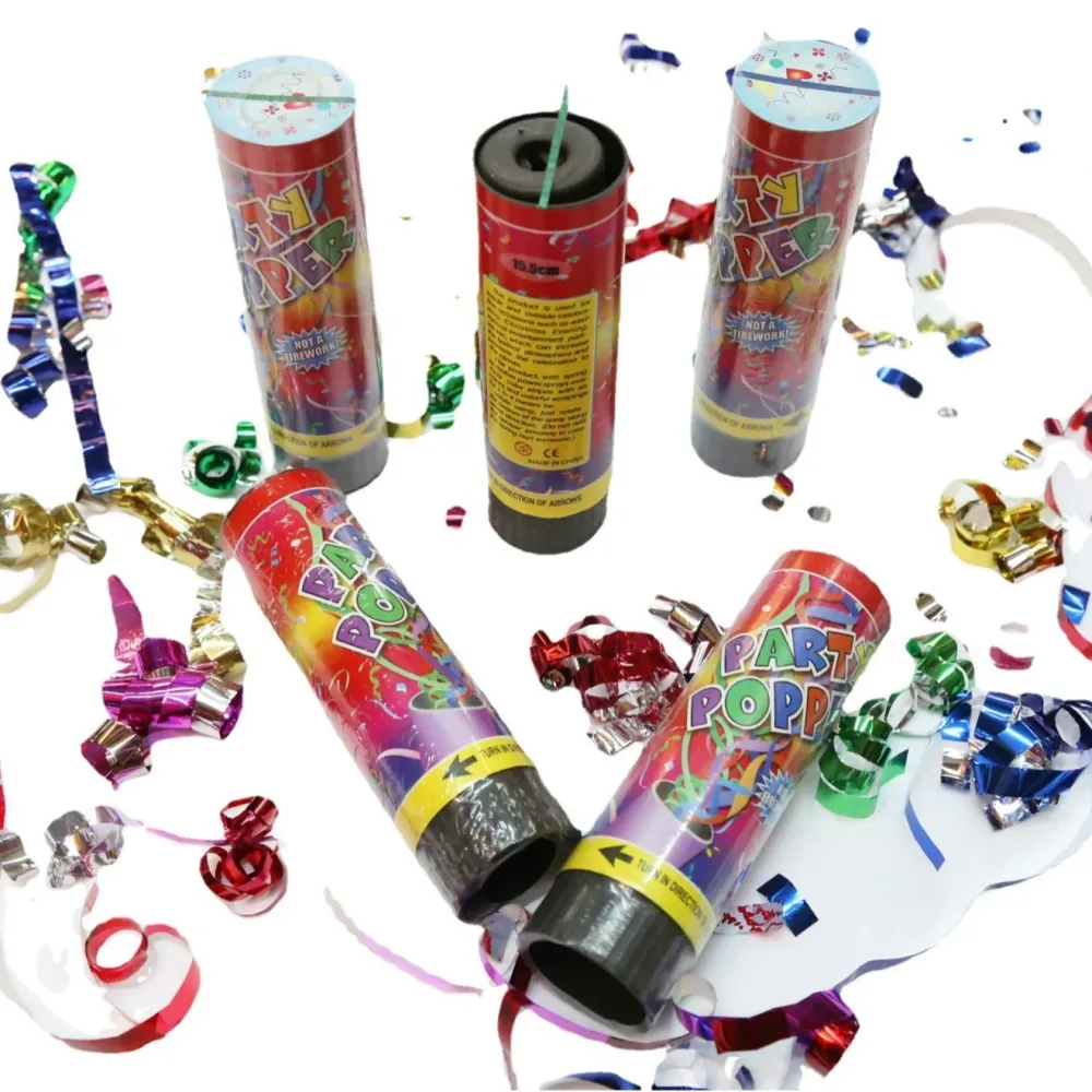 Konfetti ágyú, Vivimall, Party Popper 20 cm, Fólia szalag mintás, Többszínű