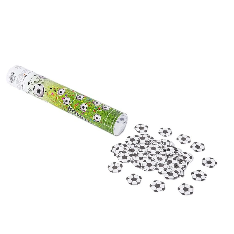 Konfettiágyú, Vivimall, Focilabda mintás, 40 cm, Karton csomagolás, Forgatással kioldható, Fekete-fehér