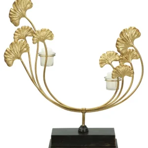 Arany ginkgo leveles fém dupla gyertyatartó 55 cm