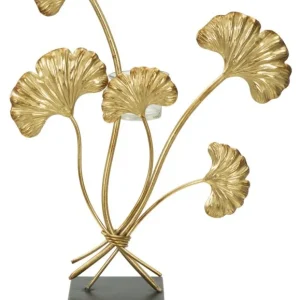 Arany ginkgo leveles fém gyertyatartó 44 cm