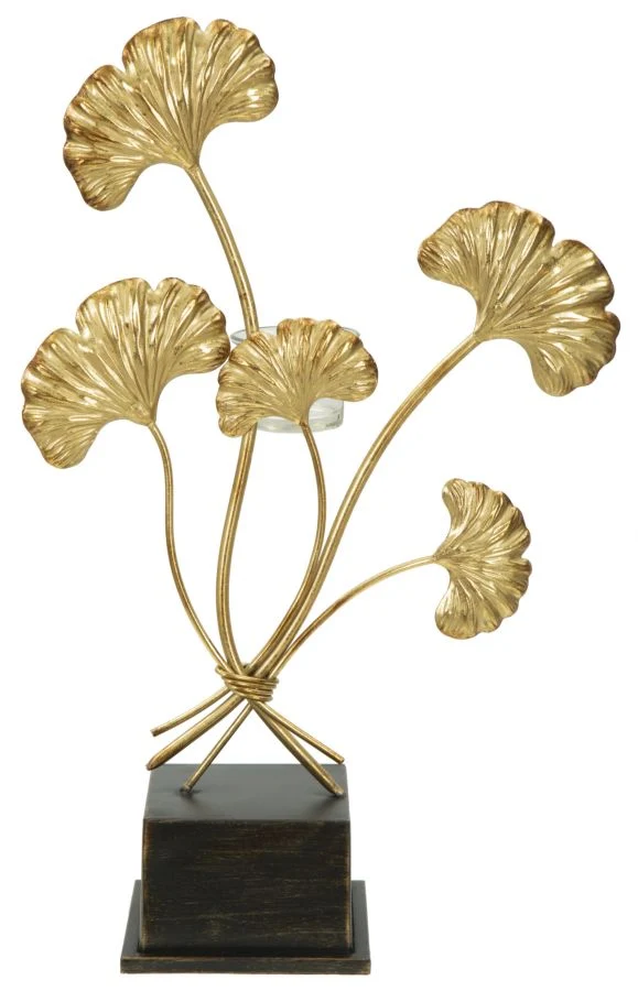 Arany ginkgo leveles fém gyertyatartó 44 cm