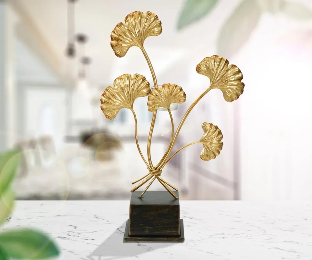 Arany ginkgo leveles fém gyertyatartó 44 cm