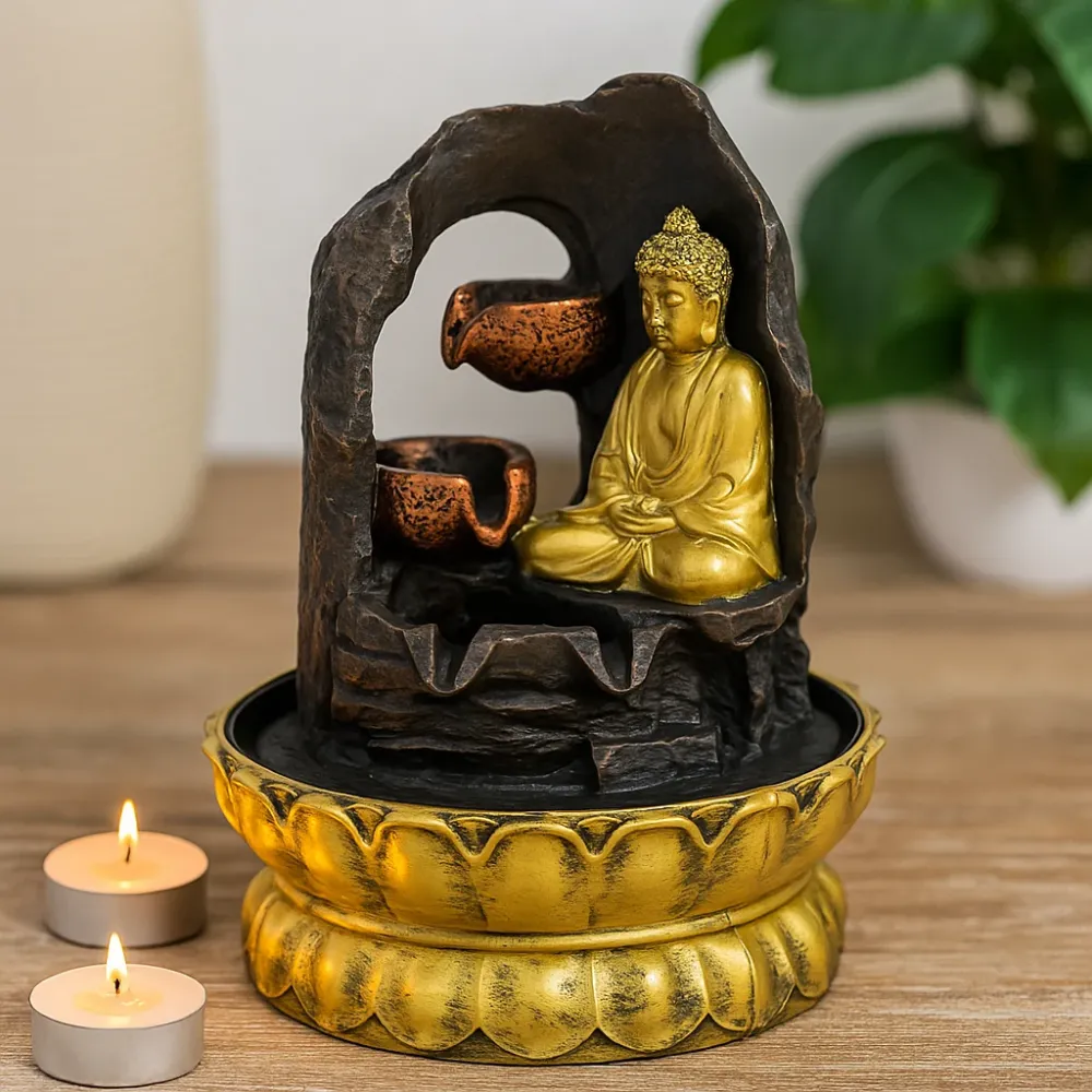 Asztali szökőkút, 30 cm Arany Meditáló Buddha