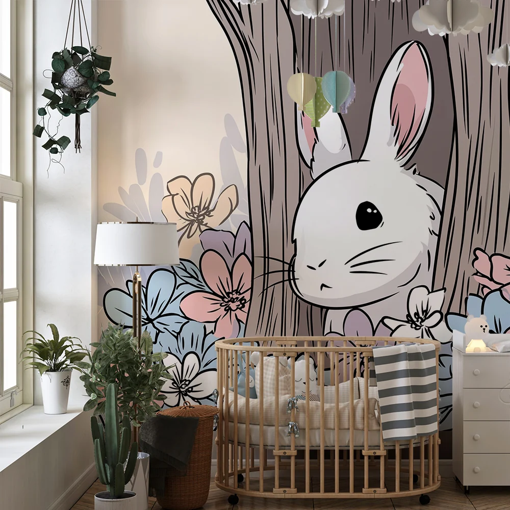 Baba szoba tapéta | Aranyos nyuszi rejtőzik színes virágok között