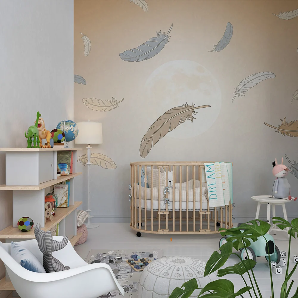 Baba szoba tapéta | Gyengéd tollak lebegnek hold alatt