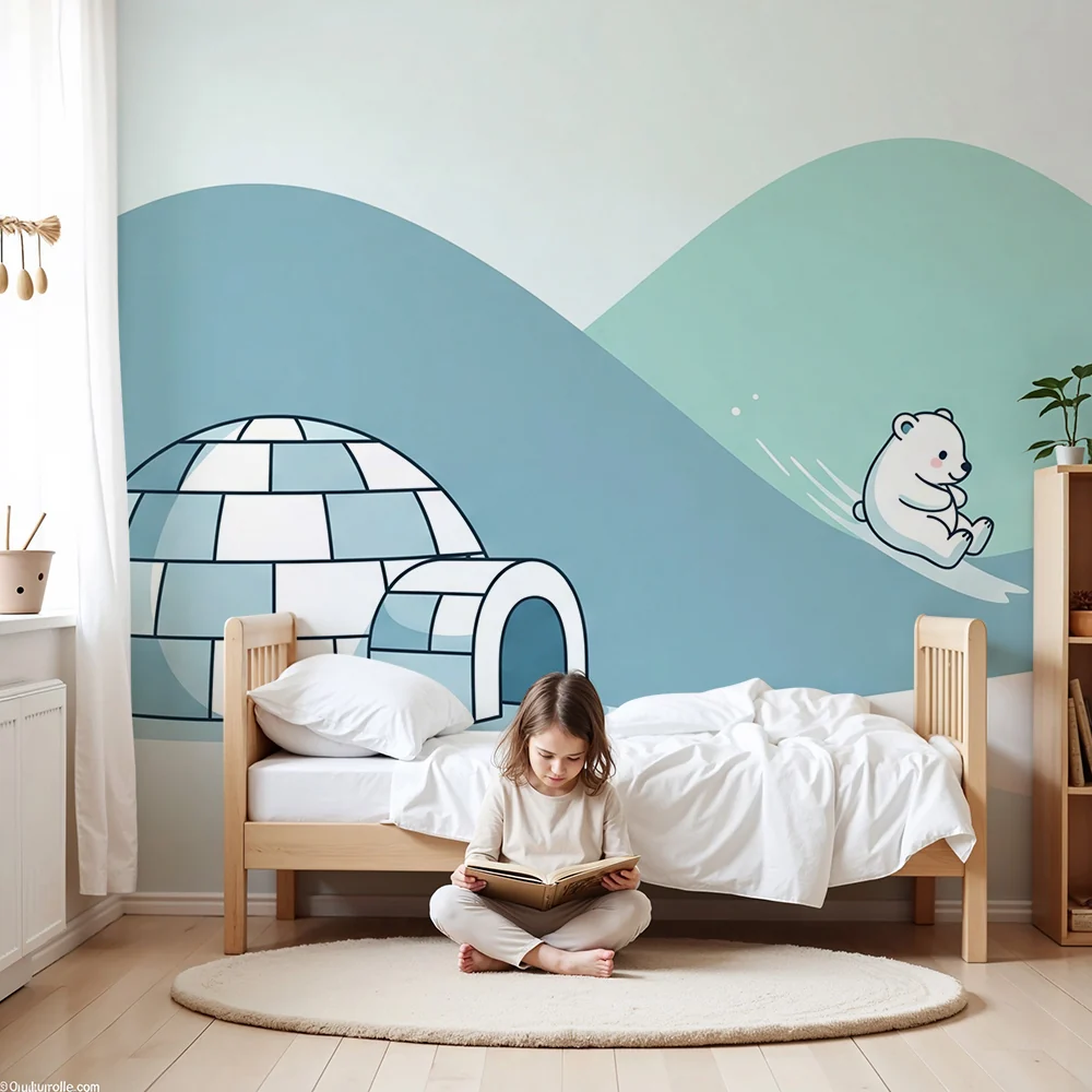 Baba szobájának tapétája | Játékos kis medve havas dombokon