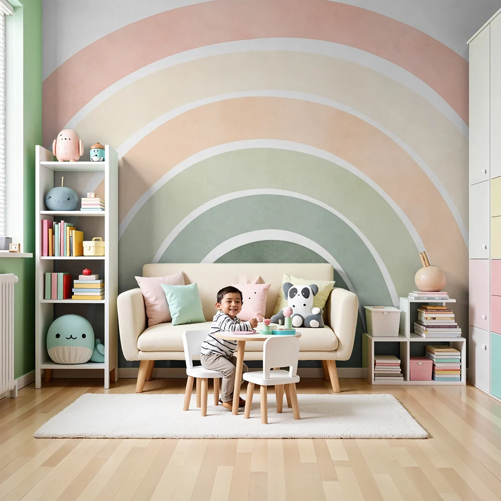 Babyzimmer Tapete | Großer pastellfarbener Regenbogen auf weißem Hintergrund