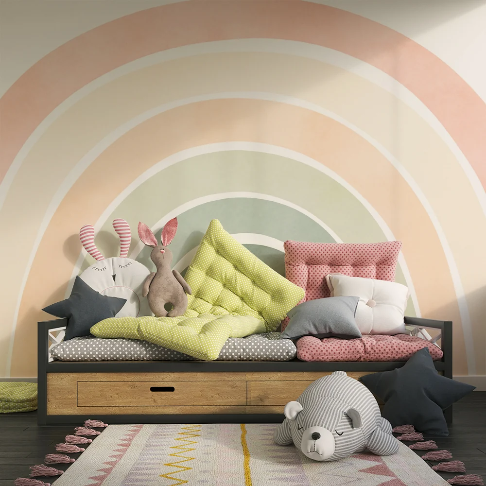 Babyzimmer Tapete | Großer pastellfarbener Regenbogen auf weißem Hintergrund