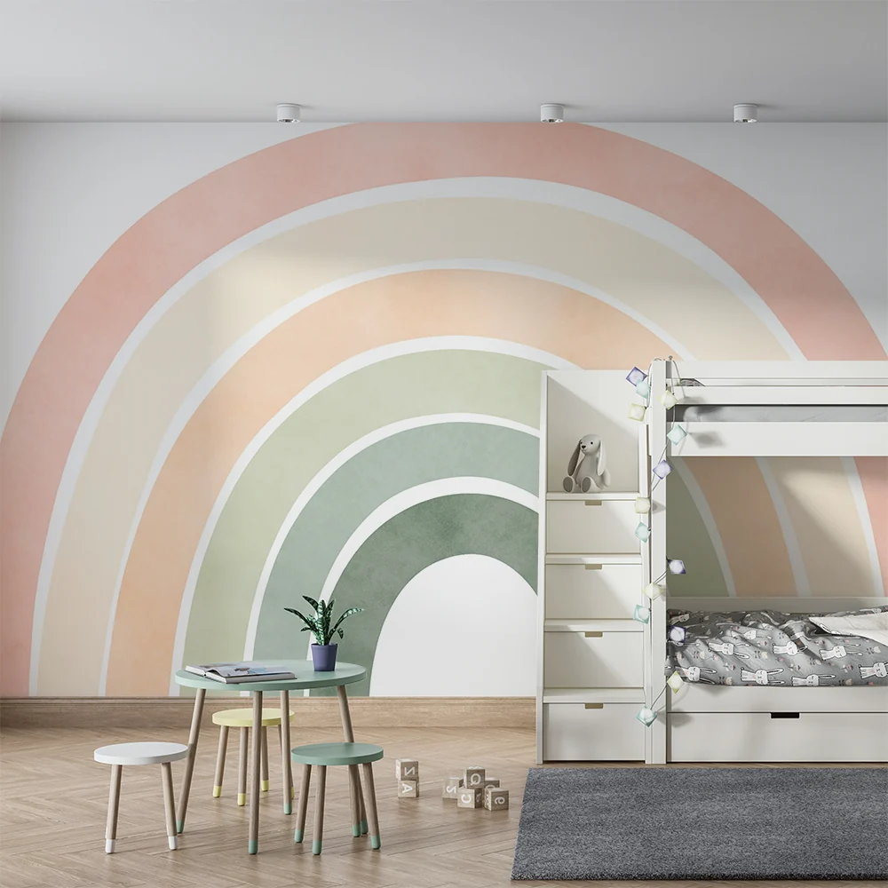 Babyzimmer Tapete | Großer pastellfarbener Regenbogen auf weißem Hintergrund
