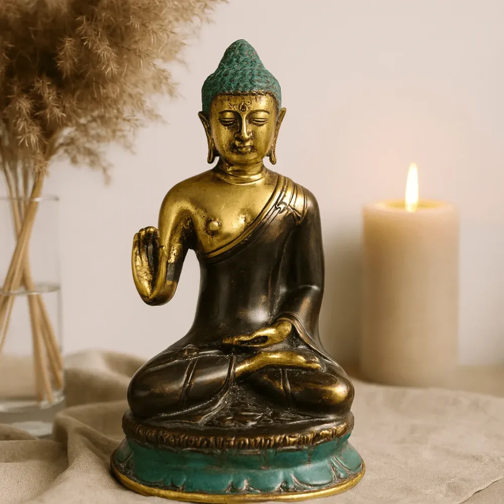 Réz ülő Buddha szobor felemelt kézzel