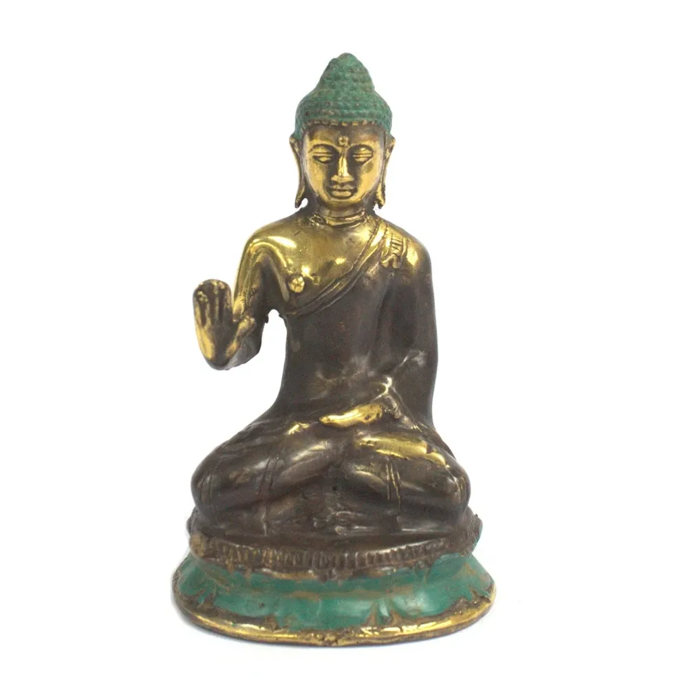 Réz ülő Buddha szobor felemelt kézzel