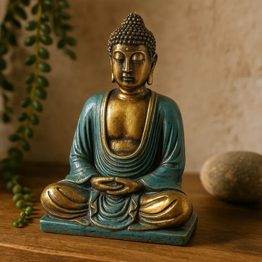 Buddha szobor meditációs pózban, türkiz és arany, közepes méretű