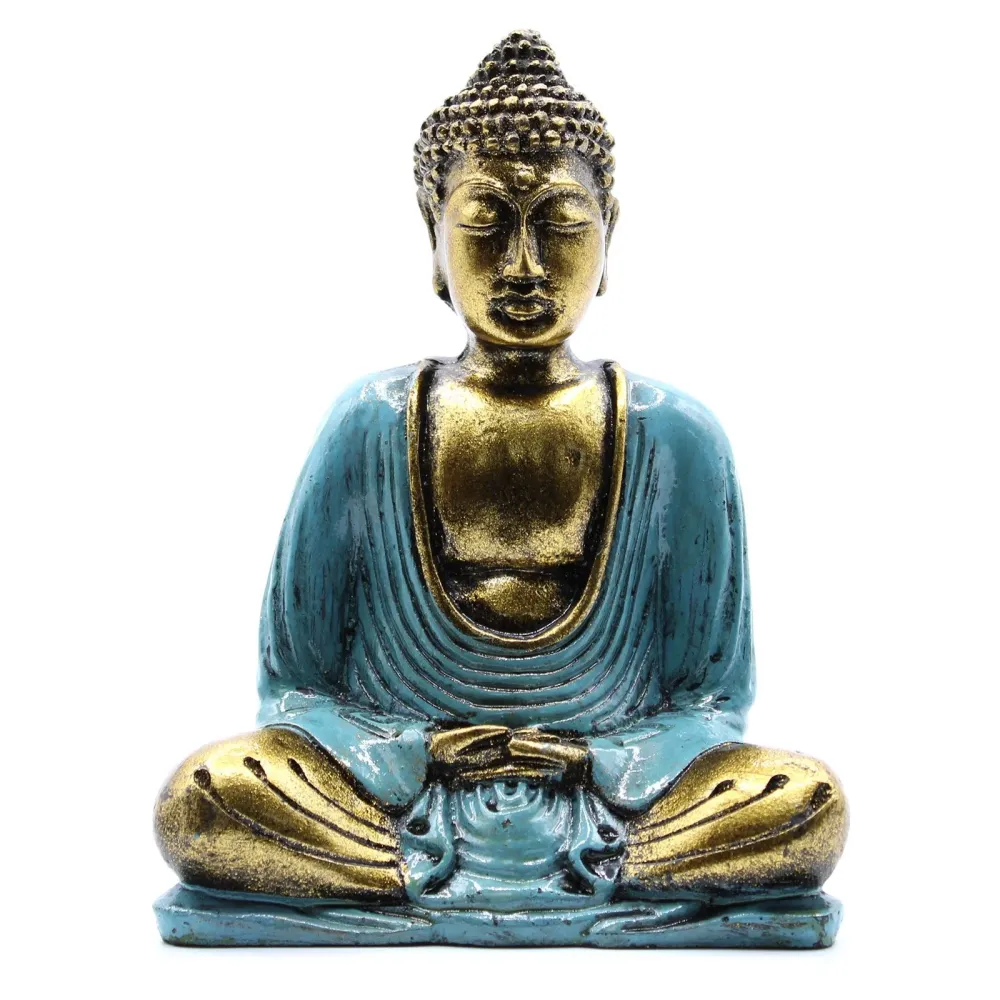 Buddha szobor meditációs pózban, türkiz és arany, közepes méretű
