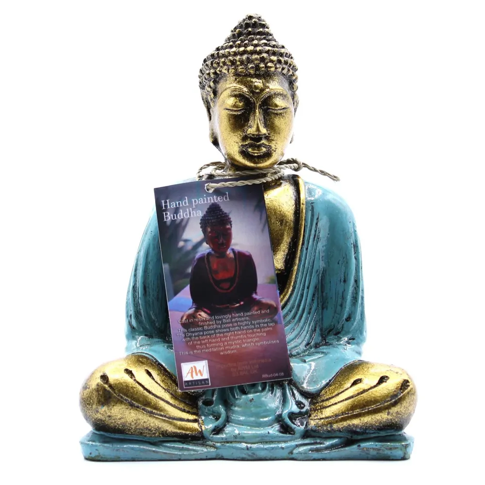 Buddha szobor meditációs pózban, türkiz és arany, közepes méretű