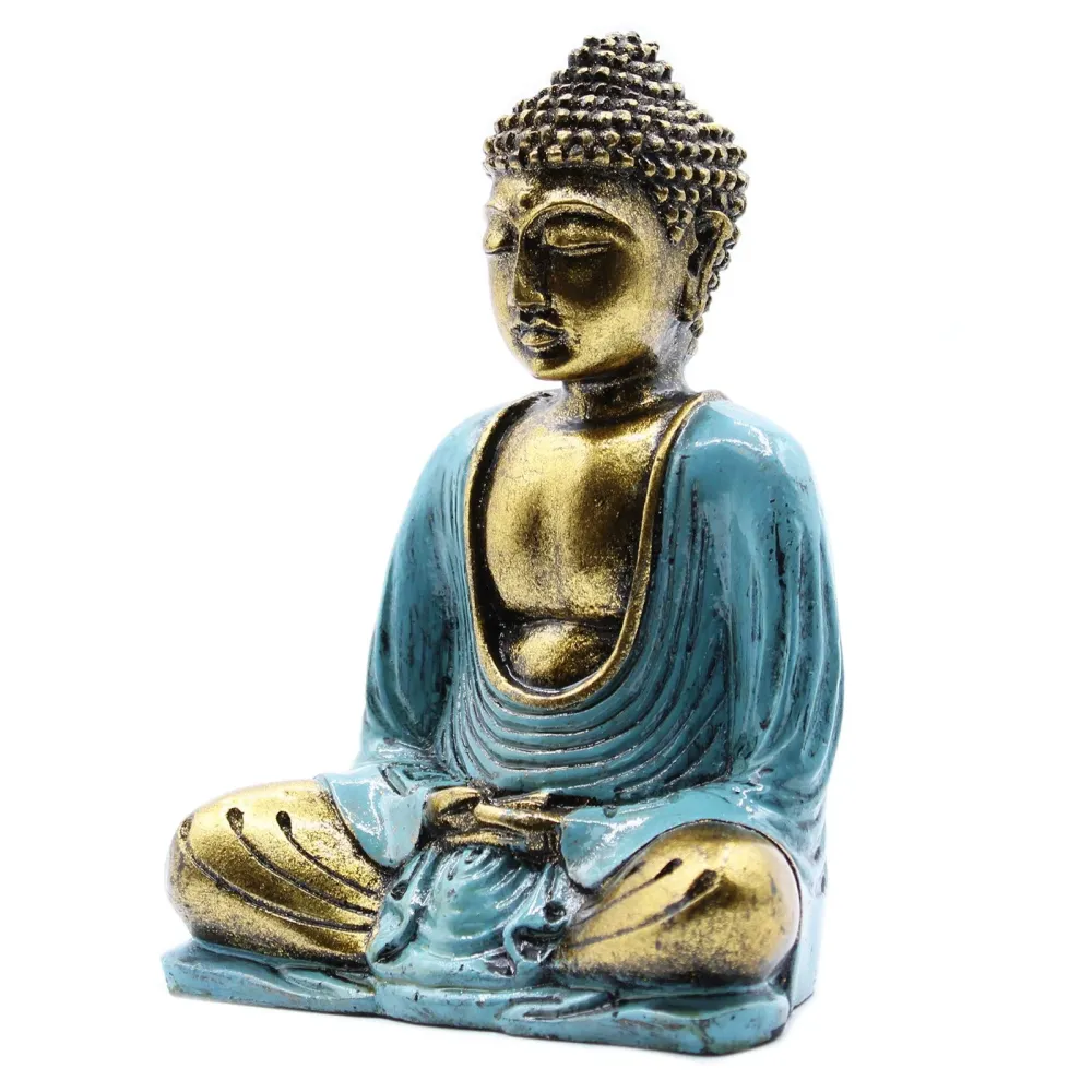 Buddha szobor meditációs pózban, türkiz és arany, közepes méretű