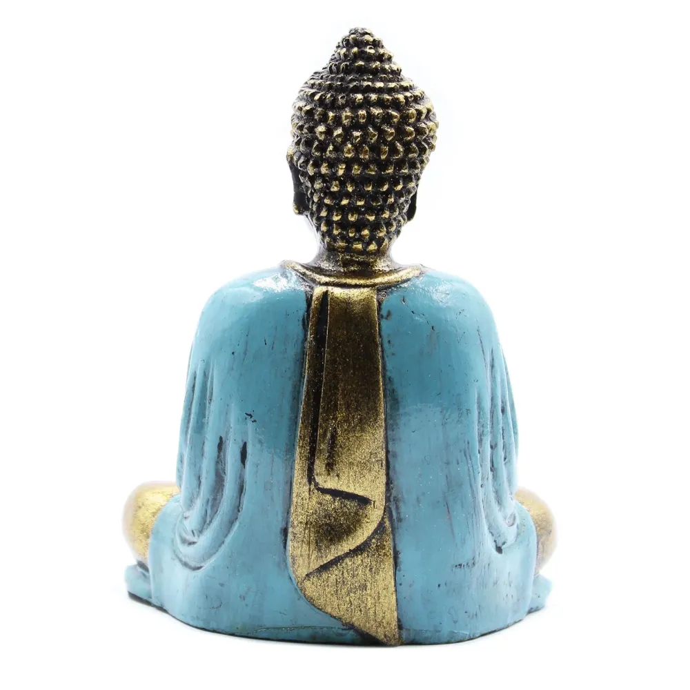 Buddha szobor meditációs pózban, türkiz és arany, közepes méretű
