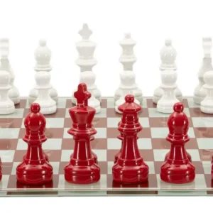 Classic Chess – piros-fehér sakk készlet üveg táblával 61X61X14 cm