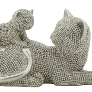 Ezüst cica mama kölyökkel szobor 19X9X13 cm