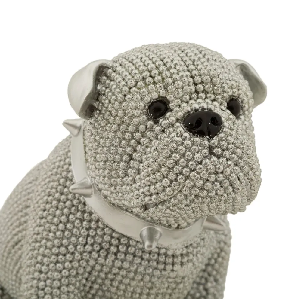 Ezüst gyöngyös bulldog dekoráció 17X11X14 cm