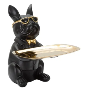 Frenchie Butler – fekete-arany bulldog dekoráció tálcával 19X20X23,5 cm
