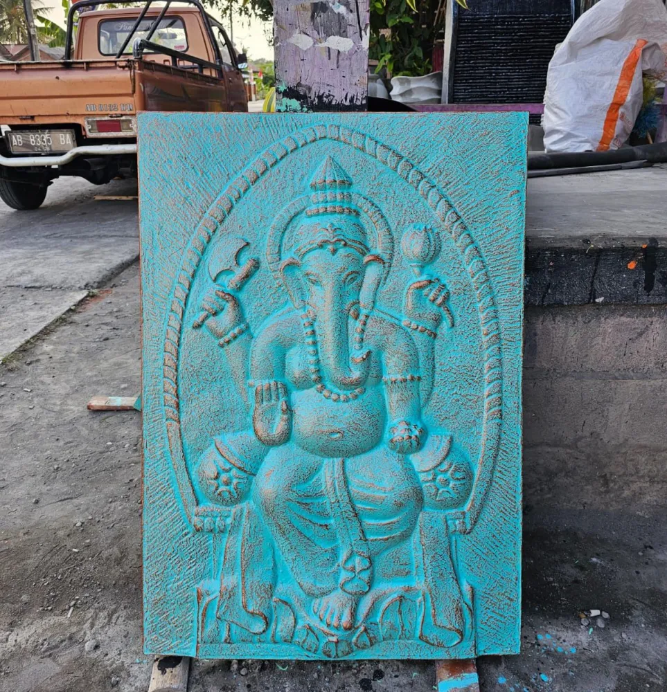 Ganesha vas keret dombormű szobor, 0,7x1m türkiz