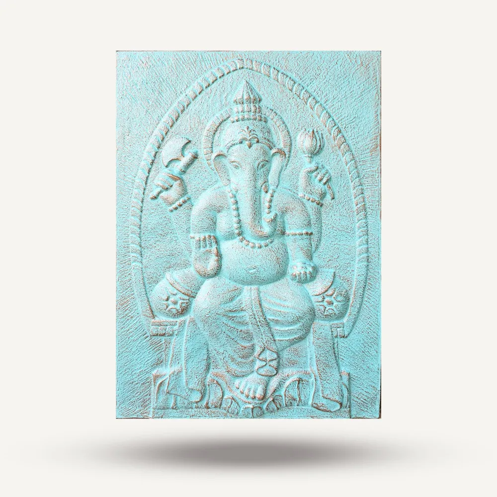 Ganesha vas keret dombormű szobor, 0,7x1m türkiz