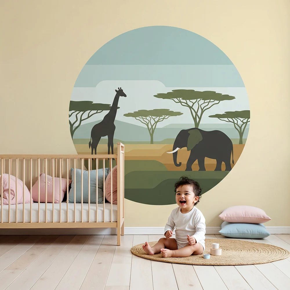 Giraff és elefánt gyerek szoba tapéta | Stilizált afrikai tájban